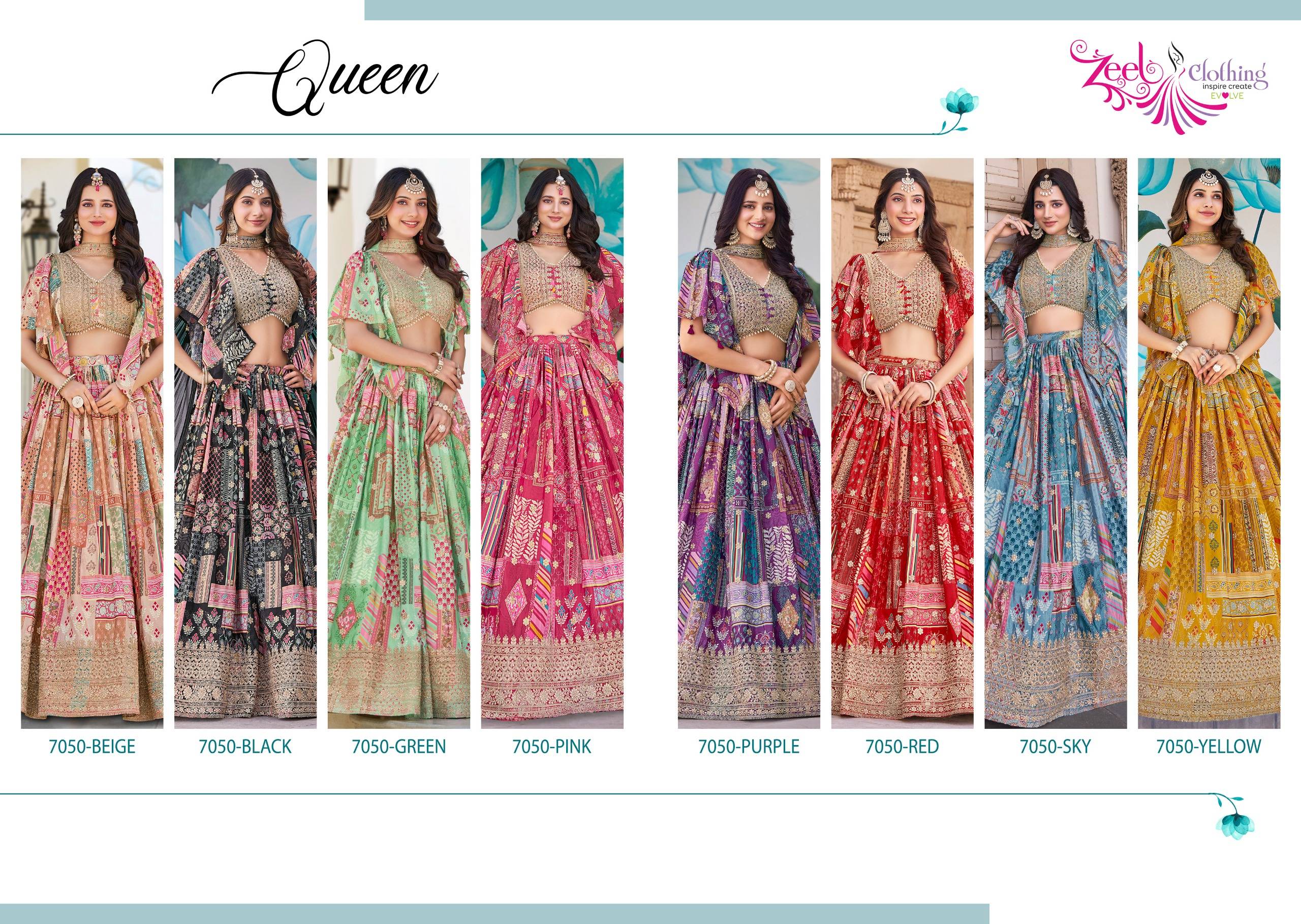 Queen By Zeel Clothing 7050 Colours Series Designer Beautiful Collection Occasional Wear & Party Wear Chinnon Silk Lehengas At Wholesale Price